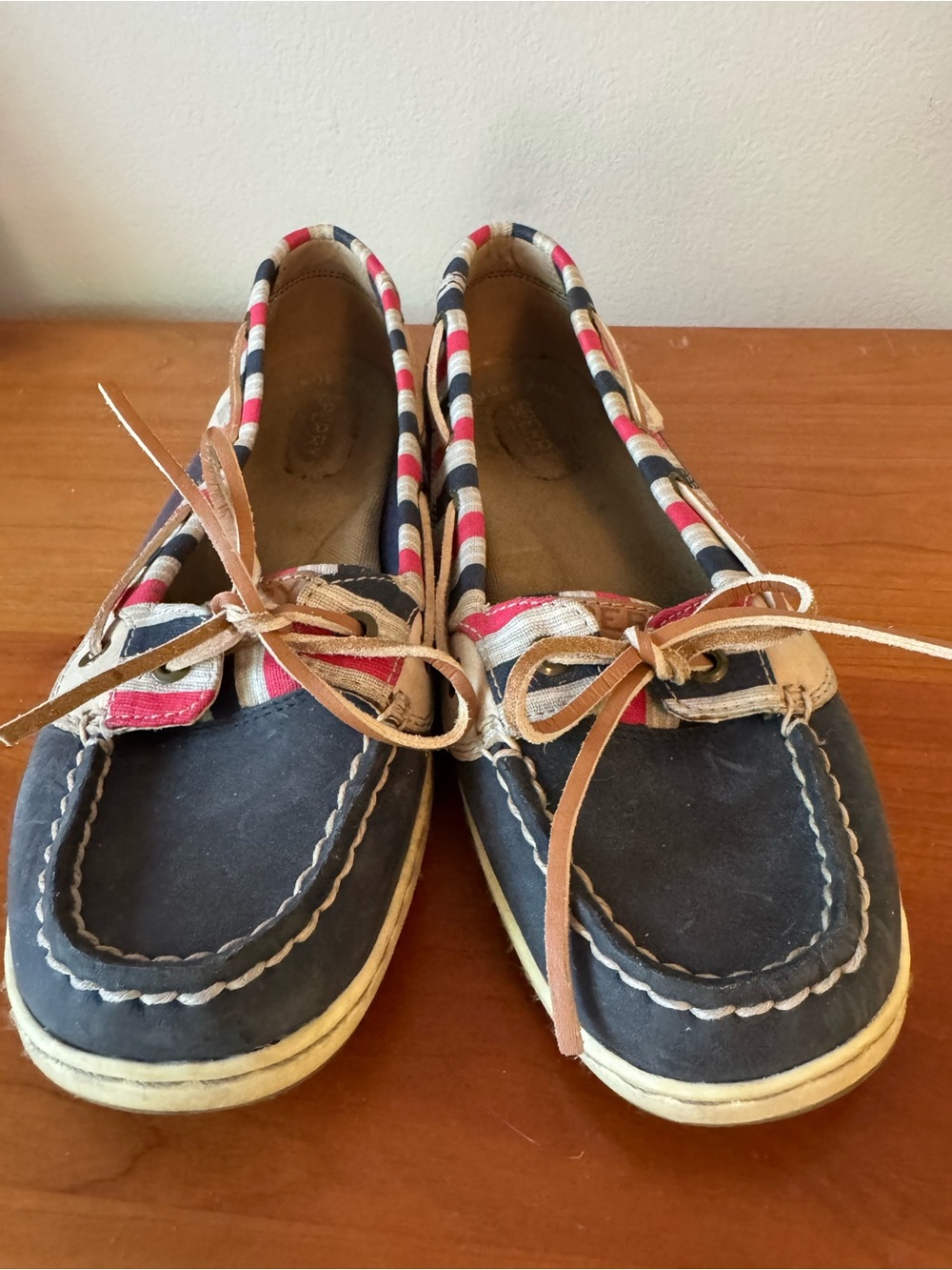 Sperry Navy Moccasins with Red & Cream Stripe Trim